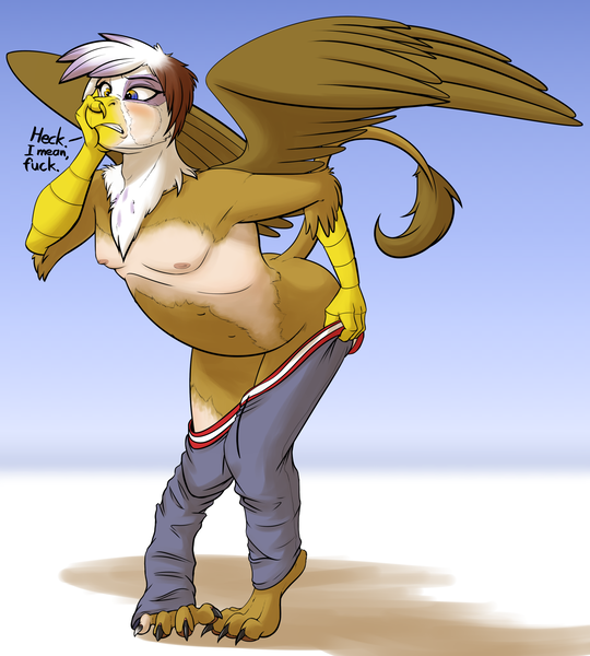 Size: 1727x1920 | Tagged: questionable, artist:acesential, banned from derpibooru, deleted from derpibooru, derpibooru import, gilda, anthro, gryphon, human, armpits, blushing, clothes, human to griffon, male to female, pants, pants down, rule 63, solo, transformation, transgender transformation, vulgar