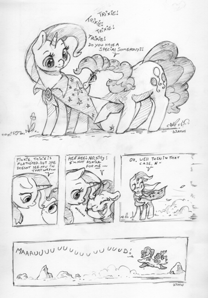 Size: 4594x6580 | Tagged: safe, artist:dilarus, banned from derpibooru, deleted from derpibooru, derpibooru import, maud pie, pinkie pie, trixie, earth pony, pony, unicorn, ..., cape, clothes, comic, dialogue, exclamation point, female, implied maud pie, interrobang, lesbian, mare, mauxie, monochrome, question mark, shipping, simple background, traditional art, trixie's cape, white background