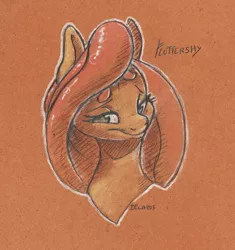 Size: 1880x1998 | Tagged: safe, artist:dilarus, banned from derpibooru, deleted from derpibooru, derpibooru import, fluttershy, pegasus, pony, beanbrows, bust, colored, eyebrows, female, mare, smiling, solo, toned paper, traditional art