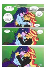 Size: 2650x4096 | Tagged: safe, artist:verumteednp, banned from derpibooru, deleted from derpibooru, derpibooru import, sci-twi, sunset shimmer, twilight sparkle, comic:sparkling shimmer, equestria girls, blushing, chapter 3, clothes, comic, dialogue, digital art, female, jacket, kissing, leather jacket, lesbian, looking at each other, scitwishimmer, shipping, speech bubble, sunsetsparkle