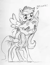Size: 2953x3825 | Tagged: safe, artist:dilarus, banned from derpibooru, deleted from derpibooru, derpibooru import, fluttershy, rainbow dash, pegasus, pony, beanbrows, blushing, dialogue, eyebrows, female, flutterdash, lesbian, mare, monochrome, ponies riding ponies, riding, shipping, simple background, size difference, smoldash, tallershy, traditional art, white background