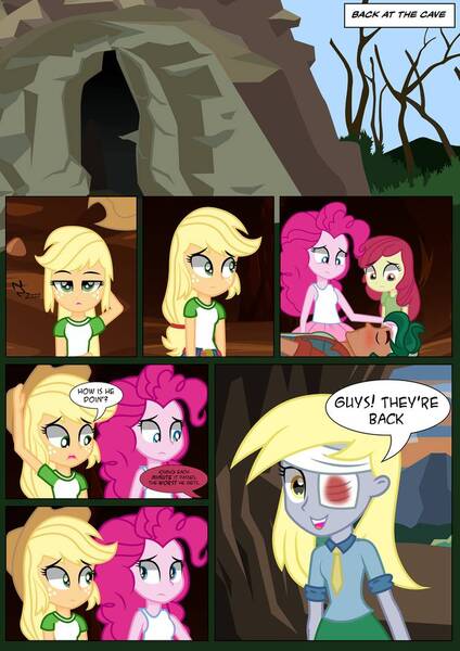 Size: 752x1064 | Tagged: safe, artist:paulysentry, banned from derpibooru, deleted from derpibooru, derpibooru import, apple bloom, applejack, derpy hooves, pinkie pie, timber spruce, comic:the walking dead, equestria girls, bleeding, blood, cave, dying, eyepatch