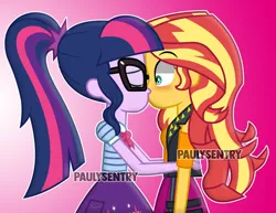 Size: 900x693 | Tagged: safe, artist:paulysentry, banned from derpibooru, deleted from derpibooru, derpibooru import, sci-twi, sunset shimmer, twilight sparkle, equestria girls, blushing, bowtie, clothes, duo, eyes closed, female, glasses, kissing, leather vest, lesbian, ponytail, scitwishimmer, shipping, skirt, sunsetsparkle, surprise kiss, surprised, vest, watermark, wide eyes