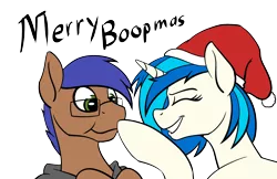 Size: 2000x1294 | Tagged: source needed, safe, artist:acesential, banned from derpibooru, deleted from derpibooru, derpibooru import, vinyl scratch, oc, oc:odyssey flash, pegasus, pony, unicorn, boop, canon x oc, christmas, clothes, cute, duo, eyes closed, grin, hat, holiday, hoodie, missing accessory, santa hat, simple background, smiling, transparent background