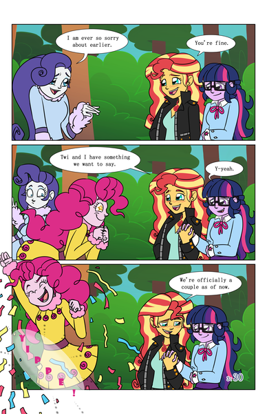 Size: 2650x4096 | Tagged: safe, artist:verumteednp, banned from derpibooru, deleted from derpibooru, derpibooru import, pinkie pie, rarity, sci-twi, sunset shimmer, twilight sparkle, comic:sparkling shimmer, equestria girls, chapter 3, clothes, comic, dialogue, female, glasses, lesbian, scitwishimmer, shipping, speech bubble, sunsetsparkle