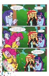 Size: 2650x4096 | Tagged: safe, artist:verumteednp, banned from derpibooru, deleted from derpibooru, derpibooru import, pinkie pie, rarity, sci-twi, sunset shimmer, twilight sparkle, comic:sparkling shimmer, equestria girls, chapter 3, clothes, comic, dialogue, female, glasses, lesbian, scitwishimmer, shipping, speech bubble, sunsetsparkle