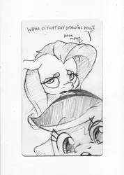 Size: 1632x2296 | Tagged: safe, artist:dilarus, banned from derpibooru, deleted from derpibooru, derpibooru import, fluttershy, rainbow dash, pegasus, pony, beanbrows, breaking the fourth wall, close-up, dialogue, eyebrows, female, floppy ears, mare, monochrome, photobomb, simple background, smoldash, tallershy, traditional art, white background