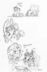 Size: 1418x2187 | Tagged: safe, artist:dilarus, banned from derpibooru, deleted from derpibooru, derpibooru import, carrot top, golden harvest, spike, twilight sparkle, dragon, earth pony, pony, rabbit, snake, comic:the many faces of twilight sparkle, animal, biting, bunnified, bunny ears, bust, butt bite, carrot, dialogue, female, food, horn, mare, monochrome, not salmon, onomatopoeia, simple background, snek, species swap, traditional art, wat, white background