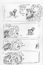 Size: 2183x3243 | Tagged: safe, artist:dilarus, banned from derpibooru, deleted from derpibooru, derpibooru import, big macintosh, pinkie pie, rarity, earth pony, pony, unicorn, ..., comic, dialogue, eyes on the prize, female, heart, male, mare, onomatopoeia, simple background, stallion, sweat, traditional art, white background