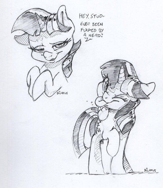 Size: 1601x1850 | Tagged: suggestive, artist:dilarus, banned from derpibooru, deleted from derpibooru, derpibooru import, twilight sparkle, twilight sparkle (alicorn), alicorn, pony, black and white, dialogue, female, grayscale, mare, monochrome, one eye closed, raspberry, simple background, sketch, stupid sexy twilight, tongue out, traditional art, vulgar, white background, wink