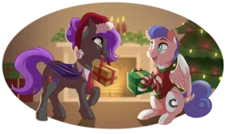 Size: 1800x1061 | Tagged: safe, artist:dvixie, banned from derpibooru, deleted from derpibooru, derpibooru import, oc, oc:miss ping, oc:nitro boost, unofficial characters only, pony, christmas, christmas lights, christmas sweater, christmas tree, clothes, discord (program), fireplace, hat, holiday, manechat, present, santa hat, simple background, sweater, transparent background, tree