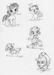 Size: 2069x2878 | Tagged: safe, artist:dilarus, banned from derpibooru, deleted from derpibooru, derpibooru import, applejack, twilight sparkle, anthro, human, pony, unguligrade anthro, unicorn, anthro with ponies, applejack's hat, black and white, bookhorse, bust, cowboy hat, dialogue, female, filly, freckles, grayscale, hat, humanized, looking at you, monochrome, open mouth, running, simple background, sketch, traditional art, waving, white background