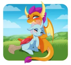 Size: 1700x1560 | Tagged: safe, artist:dvixie, banned from derpibooru, deleted from derpibooru, derpibooru import, ocellus, smolder, changeling, dragon, blushing, cute, diaocelles, dragoness, eyes closed, female, lesbian, shipping, smiling, smolcellus, smolderbetes