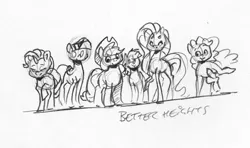 Size: 1178x698 | Tagged: safe, artist:dilarus, banned from derpibooru, deleted from derpibooru, derpibooru import, applejack, fluttershy, pinkie pie, rainbow dash, rarity, twilight sparkle, twilight sparkle (alicorn), alicorn, earth pony, pegasus, pony, unicorn, applejack's hat, black and white, cowboy hat, female, grayscale, hat, height scale, mane six, mare, monochrome, simple background, size difference, sketch, smoldash, tallershy, traditional art, white background