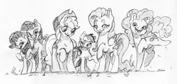 Size: 3118x1483 | Tagged: safe, artist:dilarus, banned from derpibooru, deleted from derpibooru, derpibooru import, applejack, fluttershy, pinkie pie, rainbow dash, rarity, twilight sparkle, twilight sparkle (alicorn), alicorn, earth pony, pegasus, pony, unicorn, applejack's hat, black and white, cowboy hat, female, grayscale, hat, height scale, mane six, mare, monochrome, simple background, size difference, sketch, smoldash, tallershy, traditional art, white background