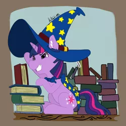 Size: 1200x1200 | Tagged: safe, artist:jiralightstalker, banned from derpibooru, deleted from derpibooru, derpibooru import, twilight sparkle, pony, unicorn, book, book fort, bookhorse, cape, clothes, cute, eyebrows, female, filly, filly twilight sparkle, hasbro, hat, mane, oversized hat, simple background, sitting, smiling, stars, tail, toned paper, unicorn twilight, wizard hat, wood, younger
