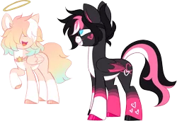 Size: 2109x1444 | Tagged: safe, artist:taaffeiite, banned from derpibooru, deleted from derpibooru, derpibooru import, oc, unofficial characters only, pegasus, pony, duo, halo, male, multicolored hair, rainbow hair, raised hoof, simple background, socks (coat marking), stallion, transparent background