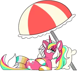 Size: 1452x1334 | Tagged: safe, artist:taaffeiite, banned from derpibooru, deleted from derpibooru, derpibooru import, oc, unofficial characters only, pony, unicorn, crossed legs, female, mare, multicolored hair, pillow, rainbow hair, simple background, smiling, solo, transparent background, umbrella