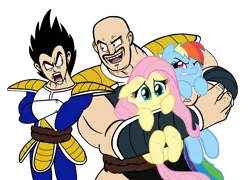 Size: 2500x1799 | Tagged: safe, artist:mickeymonster, artist:vito, banned from derpibooru, deleted from derpibooru, derpibooru import, fluttershy, rainbow dash, crossover, dragon ball, nappa, real men love ponies, simple background, transparent background, vector, vegeta