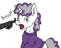 Size: 203x162 | Tagged: safe, artist:aliceg, banned from derpibooru, deleted from derpibooru, derpibooru import, oc, oc:boysenberry, pony, boop, clothes, non-consensual booping, sweater