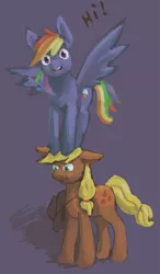 Size: 2055x3508 | Tagged: safe, artist:aliceg, banned from derpibooru, deleted from derpibooru, derpibooru import, applejack, rainbow dash, earth pony, pegasus, pony, annoyed, perching, standing on head