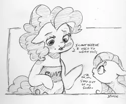 Size: 2105x1739 | Tagged: safe, artist:dilarus, banned from derpibooru, deleted from derpibooru, derpibooru import, fluttershy, pinkie pie, earth pony, pegasus, pony, .mov, party.mov, shed.mov, beanbrows, black and white, clothes, dialogue, eyebrows, female, floppy ears, grayscale, makeup, mare, monochrome, simple background, sketch, traditional art, vulgar, white background
