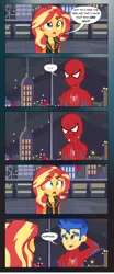 Size: 576x1388 | Tagged: safe, artist:paulysentry, banned from derpibooru, deleted from derpibooru, derpibooru import, flash sentry, sunset shimmer, equestria girls, comic, crossover, dialogue, female, flashimmer, male, marvel, marvel comics, shipping, spider-man, straight