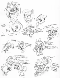 Size: 2426x3155 | Tagged: safe, artist:dilarus, banned from derpibooru, deleted from derpibooru, derpibooru import, part of a set, fluttershy, octavia melody, rainbow dash, spike, vinyl scratch, dragon, earth pony, pegasus, pony, unicorn, black and white, coffee mug, corpse, dialogue, female, glasses, grayscale, male, mare, monochrome, mug, police car, police uniform, simple background, sketch, sunglasses, traditional art, vulgar, white background