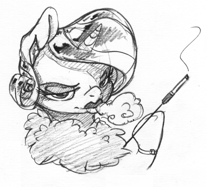 Size: 1236x1119 | Tagged: safe, artist:dilarus, banned from derpibooru, deleted from derpibooru, derpibooru import, part of a set, rarity, pony, unicorn, black and white, cigarette, clothes, female, grayscale, lipstick, mare, monochrome, simple background, sketch, traditional art, white background