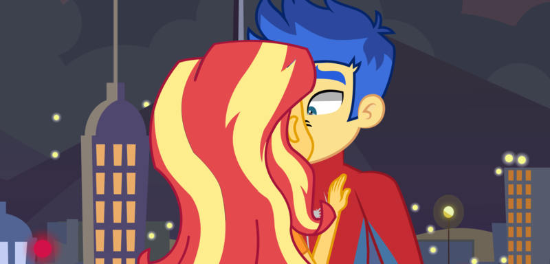 Size: 2048x983 | Tagged: safe, artist:paulysentry, banned from derpibooru, deleted from derpibooru, derpibooru import, flash sentry, sunset shimmer, equestria girls, alternate universe, female, flashimmer, kissing, male, marvel, marvel comics, reference, shipping, spider-man, straight, surprise kiss