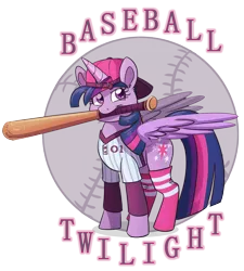 Size: 1280x1425 | Tagged: safe, artist:verumteednp, banned from derpibooru, deleted from derpibooru, derpibooru import, twilight sparkle, twilight sparkle (alicorn), alicorn, pony, baseball, baseball bat, baseball cap, cap, clothes, cutie mark, female, hat, mare, mouth hold, outfit, socks, solo, sports