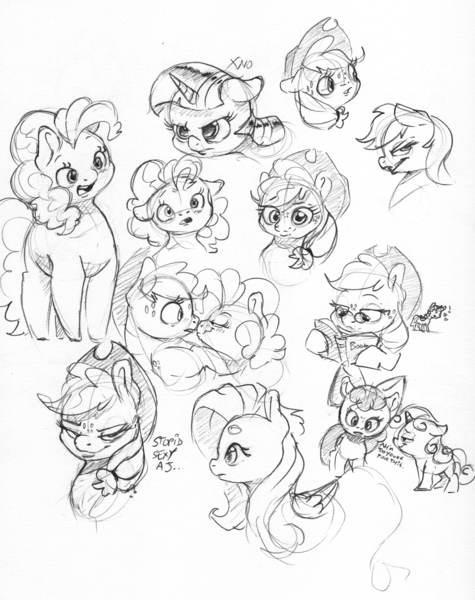Size: 2451x3096 | Tagged: safe, artist:dilarus, banned from derpibooru, deleted from derpibooru, derpibooru import, apple bloom, applejack, fluttershy, pinkie pie, rainbow dash, sweetie belle, twilight sparkle, alicorn, earth pony, pony, unicorn, ..., applejack's hat, beanbrows, boop, chubby, cowboy hat, dialogue, eyebrows, fat, female, filly, floppy ears, freckles, glasses, hat, mare, monochrome, noseboop, open mouth, pudgy pie, simple background, traditional art, white background