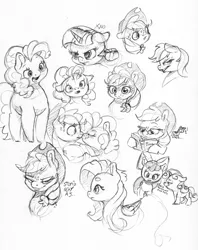 Size: 2451x3096 | Tagged: safe, artist:dilarus, banned from derpibooru, deleted from derpibooru, derpibooru import, apple bloom, applejack, fluttershy, pinkie pie, rainbow dash, sweetie belle, twilight sparkle, alicorn, earth pony, pony, unicorn, ..., applejack's hat, beanbrows, boop, chubby, cowboy hat, dialogue, eyebrows, fat, female, filly, floppy ears, freckles, glasses, hat, mare, monochrome, noseboop, open mouth, pudgy pie, simple background, traditional art, white background