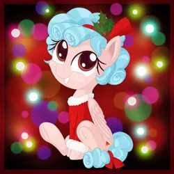 Size: 2500x2500 | Tagged: safe, artist:vito, banned from derpibooru, deleted from derpibooru, derpibooru import, cozy glow, pegasus, pony, a better ending for cozy, christmas, christmas outfit, cozybetes, cozylove, cute, frog (hoof), happy, hearth's warming eve, holiday, holly, simple background, smiling, underhoof