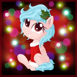 Size: 2500x2500 | Tagged: safe, alternate version, artist:vito, banned from derpibooru, deleted from derpibooru, derpibooru import, cozy glow, pegasus, pony, a better ending for cozy, alternate hairstyle, christmas, christmas outfit, cozybetes, cozylove, cute, frog (hoof), happy, hearth's warming eve, holiday, holly, simple background, smiling, underhoof