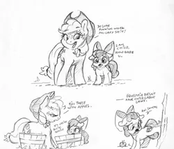 Size: 2329x1982 | Tagged: safe, artist:dilarus, banned from derpibooru, deleted from derpibooru, derpibooru import, apple bloom, applejack, earth pony, pony, apple, apple bloom's bow, applejack's hat, bow, comic, cowboy hat, female, filly, food, freckles, hair bow, hat, mare, monochrome, simple background, traditional art, vulgar, white background