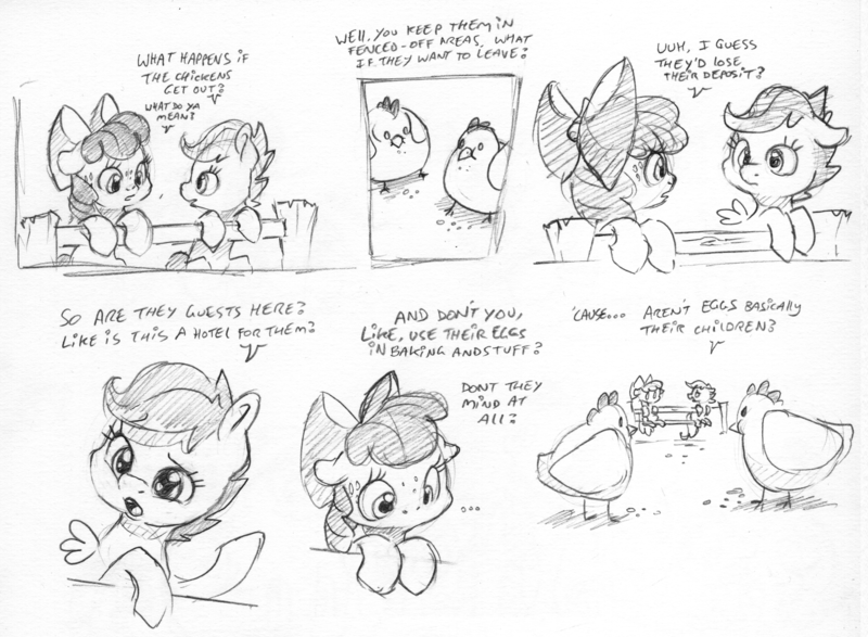 Size: 2466x1810 | Tagged: safe, artist:dilarus, banned from derpibooru, deleted from derpibooru, derpibooru import, part of a set, apple bloom, scootaloo, bird, chicken, earth pony, pegasus, pony, ..., apple bloom's bow, bow, comic, dialogue, female, filly, freckles, hair bow, monochrome, simple background, traditional art, white background