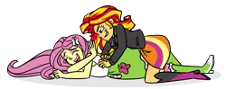 Size: 1280x508 | Tagged: safe, artist:verumteednp, banned from derpibooru, deleted from derpibooru, derpibooru import, fluttershy, sunset shimmer, equestria girls, boots, clothes, cute, equestria girls-ified, eyes closed, eyeshadow, female, grin, high heel boots, jacket, laughing, leather jacket, lesbian, makeup, open mouth, shipping, shirt, shoes, simple background, skirt, skirt lift, smiling, socks, sunshyne, t-shirt, tanktop, tickle torture, tickling, transparent background