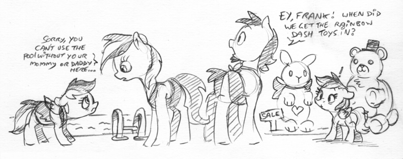 Size: 2316x919 | Tagged: safe, artist:dilarus, banned from derpibooru, deleted from derpibooru, derpibooru import, rainbow dash, oc, earth pony, pegasus, pony, comic:smol hors problems, ..., dialogue, exclamation point, female, floppy ears, implied frank, male, mare, monochrome, plushie, sign, simple background, size difference, smoldash, stallion, swimming pool, traditional art, white background