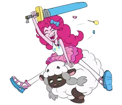 Size: 1920x1655 | Tagged: safe, artist:verumteednp, banned from derpibooru, deleted from derpibooru, derpibooru import, pinkie pie, wooloo, equestria girls, candy, eyes closed, fake sword, food, open mouth, pokémon, toy sword