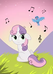 Size: 5000x6993 | Tagged: safe, artist:vito, banned from derpibooru, deleted from derpibooru, derpibooru import, edit, sweetie belle, bird, absurd resolution, clef, cute, diasweetes, floppy ears, music, singing, vector