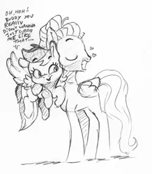 Size: 1351x1546 | Tagged: safe, artist:dilarus, banned from derpibooru, deleted from derpibooru, derpibooru import, rainbow dash, zephyr breeze, pegasus, pony, flutter brutter, ..., book, dialogue, female, five o'clock shadow, hape, heart, hug, male, mare, monochrome, simple background, size difference, smoldash, stallion, this will end in pain, traditional art, white background