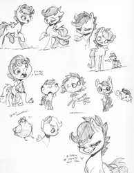 Size: 2458x3166 | Tagged: safe, artist:dilarus, banned from derpibooru, deleted from derpibooru, derpibooru import, rainbow dash, scootaloo, bird, chicken, pegasus, pony, abstract, dialogue, doctor, female, filly, mare, monochrome, scootachicken, scootalove, simple background, size difference, smoldash, traditional art, white background