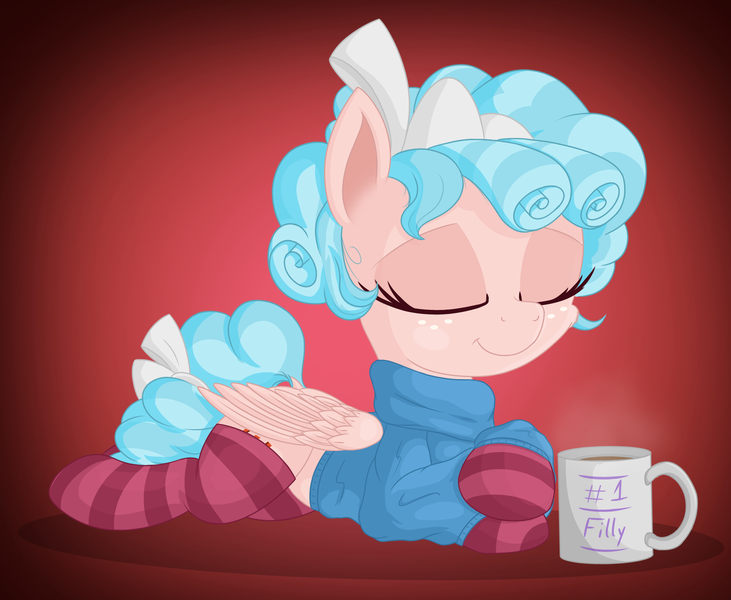 Size: 2500x2053 | Tagged: safe, alternate version, artist:vito, banned from derpibooru, deleted from derpibooru, derpibooru import, cozy glow, pegasus, pony, /mlp/, 4chan, clothes, coat, cozybetes, cozylove, cute, drawthread, eyes closed, female, filly, gradient, mug, prone, ribbon, smiling, socks, solo, striped socks