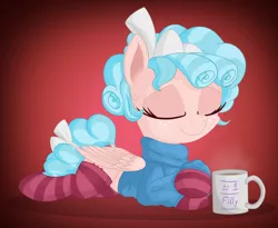 Size: 2500x2053 | Tagged: safe, alternate version, artist:vito, banned from derpibooru, deleted from derpibooru, derpibooru import, cozy glow, pegasus, pony, /mlp/, 4chan, clothes, coat, cozybetes, cozylove, cute, drawthread, eyes closed, female, filly, gradient, mug, prone, ribbon, smiling, socks, solo, striped socks