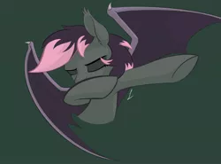 Size: 2810x2082 | Tagged: safe, artist:acesential, banned from derpibooru, color edit, deleted from derpibooru, derpibooru import, edit, oc, oc:quill, bat pony, pony, bat pony oc, bat wings, colored, dab, eyes closed, female, green background, mare, simple background, solo, wings