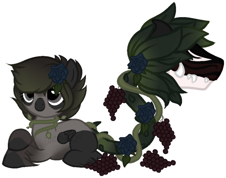 Size: 895x706 | Tagged: safe, artist:axolotlshy, banned from derpibooru, deleted from derpibooru, derpibooru import, oc, unofficial characters only, cow plant pony, monster pony, original species, plant pony, augmented tail, base used, fangs, flower, food, grapes, hoof fluff, plant, prone, rose, simple background, solo, transparent background