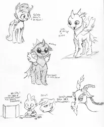 Size: 2436x2950 | Tagged: safe, artist:dilarus, banned from derpibooru, deleted from derpibooru, derpibooru import, big macintosh, discord, scootaloo, spike, thorax, changeling, draconequus, dragon, pegasus, pony, chirping, cute, cutealoo, cuteling, dialogue, dice, dm screen, dungeons and dragons, fangs, female, heart, male, mare, monochrome, ogres and oubliettes, onomatopoeia, pen and paper rpg, pencil, rpg, simple background, traditional art, vulgar, white background
