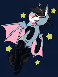 Size: 904x1200 | Tagged: safe, artist:jiralightstalker, banned from derpibooru, deleted from derpibooru, derpibooru import, oc, oc:starskipper, bat pony, bat ears, bat pony oc, bat wings, bed, bedroom eyes, chest fluff, clothes, cute, ear fluff, fangs, female, latex, latex socks, multicolored hair, open mouth, piebald coloring, pride, pride flag, socks, solo, spread wings, stars, transgender pride flag, wings