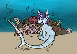 Size: 4000x2831 | Tagged: safe, artist:jiralightstalker, banned from derpibooru, deleted from derpibooru, derpibooru import, barnacle, oc, oc:killi thaum, original species, shark, shark pony, unicorn, anchor, bubble, chest fluff, colored, coral, ear piercing, earring, flat colors, grin, jewelry, looking back, ocean, oyster, pearl, piercing, ring, sharp teeth, simple background, sitting, smiling, snake bites, tail, tail piercing, tail ring, teeth, thresher shark, underwater